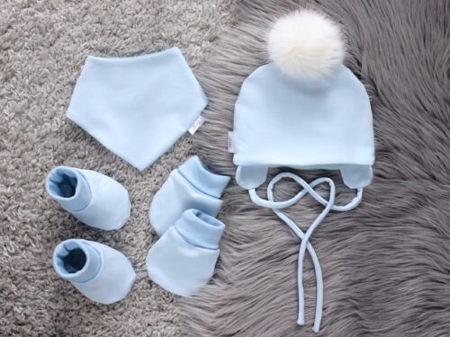 Sinist värvi kvaliteetsest puuvillasest kangast valge tutiga beebimüts beebipapud beebipüksid